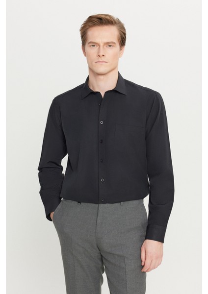 AC&Co / Altınyıldız Classics Erkek Siyah Kolay Ütülenebilir Comfort Fit Geniş Kesim Klasik Yaka Gömlek