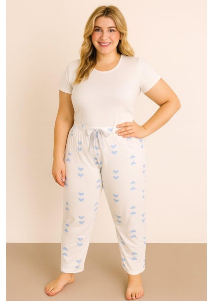 Kadın Büyük Beden Desenli Milan Tek Alt Beyaz-Mavi