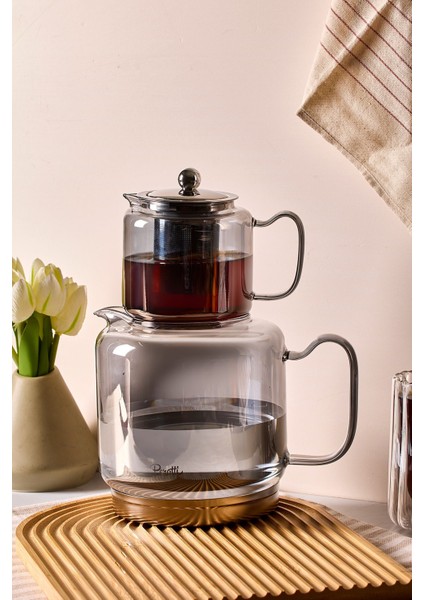 Elena Füme Indüksiyon Tabanlı Borosilikat Cam Çaydanlık Takımı