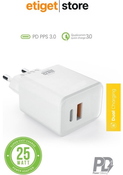 25W Hızlı Şarj Adaptörü – 2'si 1 Arada Başlık | USB & Pd 3.0 Type-C Destekli