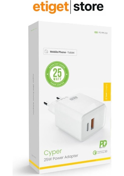 25W Hızlı Şarj Adaptörü – 2'si 1 Arada Başlık | USB & Pd 3.0 Type-C Destekli modelleri