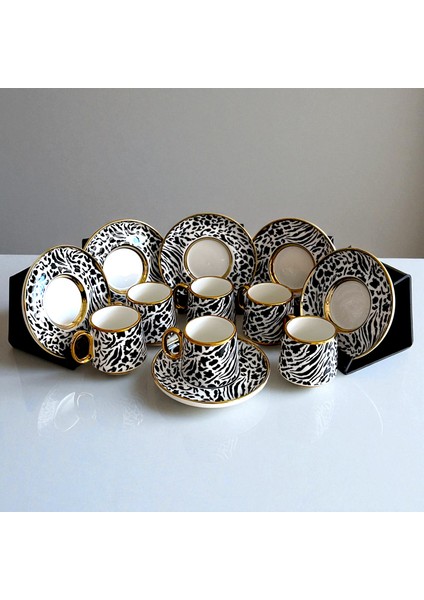 Della 6 Kişilik Leopar & Zebra Desenli Porselen Türk Kahvesi Fincan Takımı - Siyah Beyaz ve Altın Detaylı