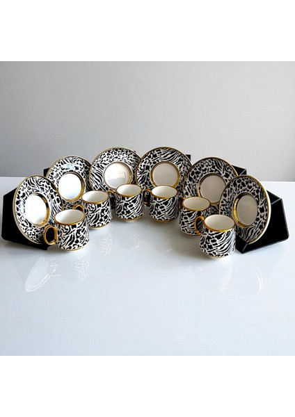 Della 6 Kişilik Leopar & Zebra Desenli Porselen Türk Kahvesi Fincan Takımı - Siyah Beyaz ve Altın Detaylı fiyatları