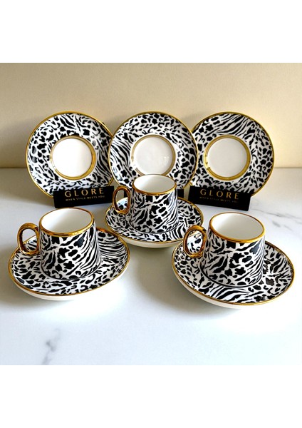 Della 6 Kişilik Leopar & Zebra Desenli Porselen Türk Kahvesi Fincan Takımı - Siyah Beyaz ve Altın Detaylı modelleri