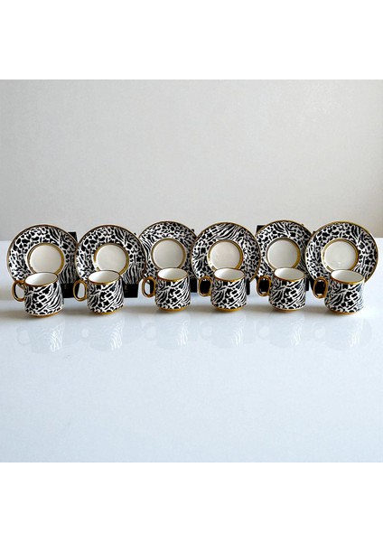 Della 6 Kişilik Leopar & Zebra Desenli Porselen Türk Kahvesi Fincan Takımı - Siyah Beyaz ve Altın Detaylı fırsatları