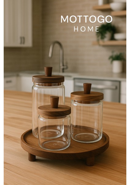 3’lü Akasya Kapaklı Cam Kavanoz Seti 950 700 450ML Ayaklı Yuvarlak Cam Stantlı Saklama Kavanozu