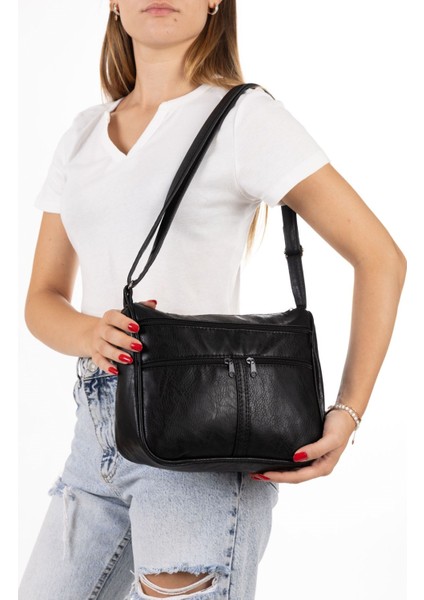 Kadın Yumuşak Dokulu Çok Bölmeli Günlük Siyah Omuz Çantası