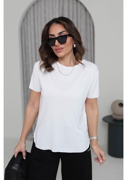 Kadın Yuvarlak Yaka Kol Etek Lazer Kesim Modal T-Shirt fiyatları