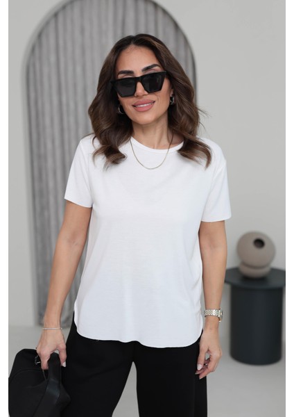 Kadın Yuvarlak Yaka Kol Etek Lazer Kesim Modal T-Shirt indirimleri