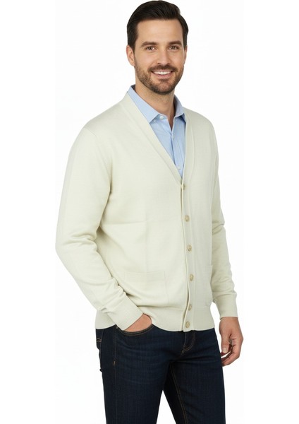 Erkek Hırka Yünlü Dokuma V Yakalı Düğmeli Çift Cepli Klasik Model Rahat Kesim Tam Kalıp