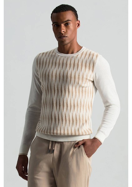 Merino Yün Şerit Desenli Ekru Bisiklet Yaka Triko