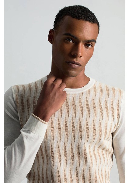 Merino Yün Şerit Desenli Ekru Bisiklet Yaka Triko modelleri