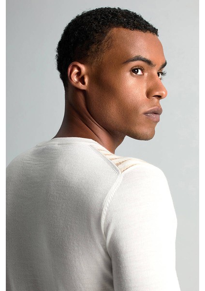 Merino Yün Şerit Desenli Ekru Bisiklet Yaka Triko fırsatları