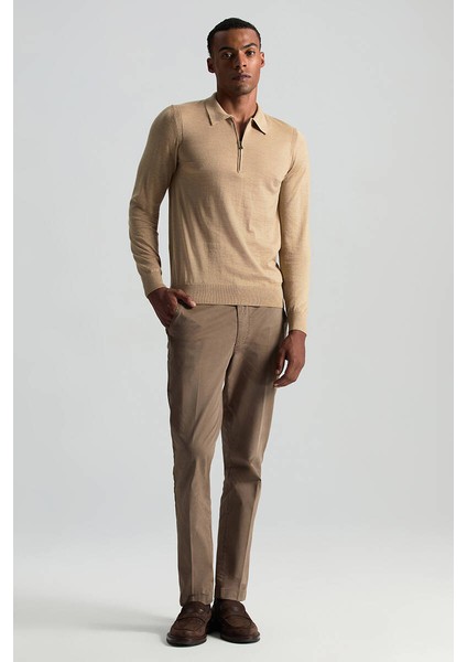 Merino Yün Ipek Karışım Polo Yaka Yarım Fermuarlı Camel Triko fiyatları