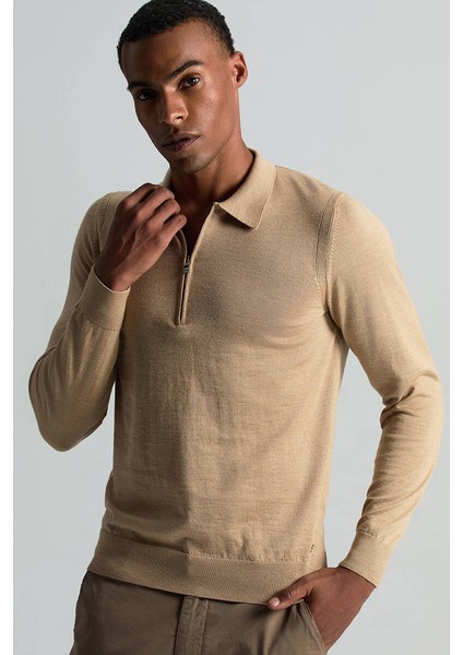Merino Yün Ipek Karışım Polo Yaka Yarım Fermuarlı Camel Triko modelleri