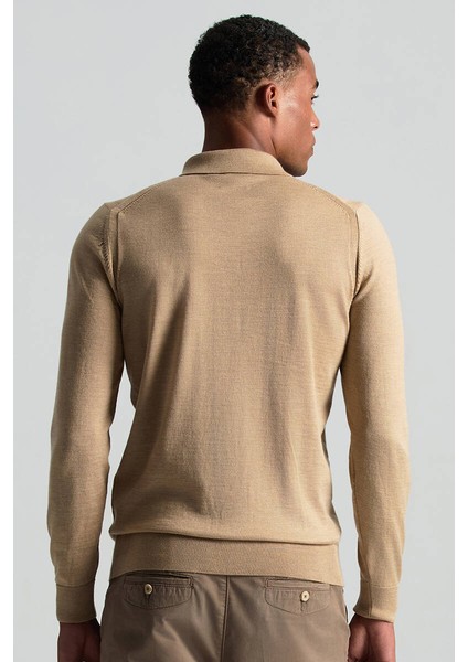 Merino Yün Ipek Karışım Polo Yaka Yarım Fermuarlı Camel Triko fırsatları