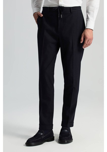 Saf Yün Bağcık Detaylı Lacivert Chino Jogger Pantolon