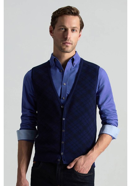 Merino Yün Baklava Desen Koyu Mavi Yelek