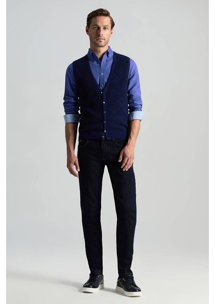 Merino Yün Baklava Desen Koyu Mavi Yelek fiyatları