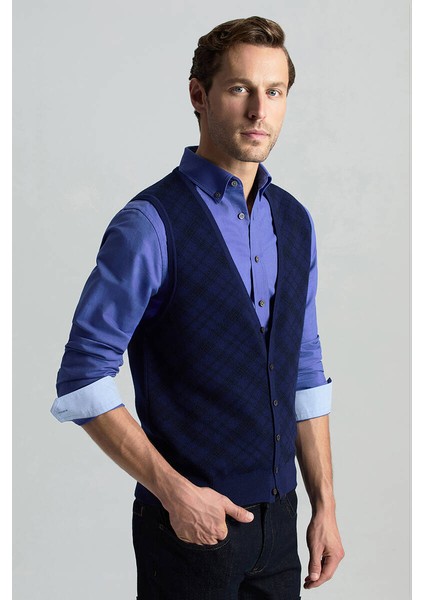 Merino Yün Baklava Desen Koyu Mavi Yelek modelleri