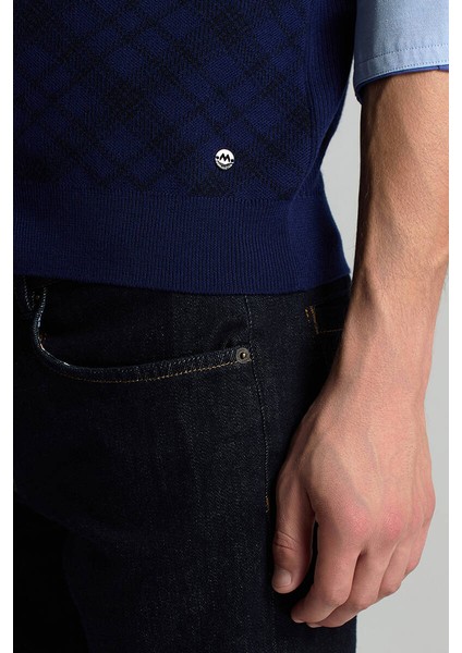 Merino Yün Baklava Desen Koyu Mavi Yelek indirimleri