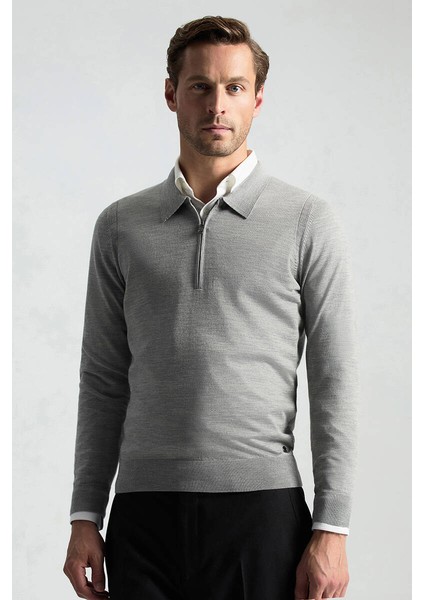 Merino Yün Ipek Karışım Polo Yaka Yarım Fermuarlı Açık Gri Triko