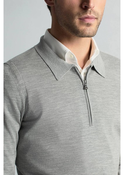 Merino Yün Ipek Karışım Polo Yaka Yarım Fermuarlı Açık Gri Triko modelleri