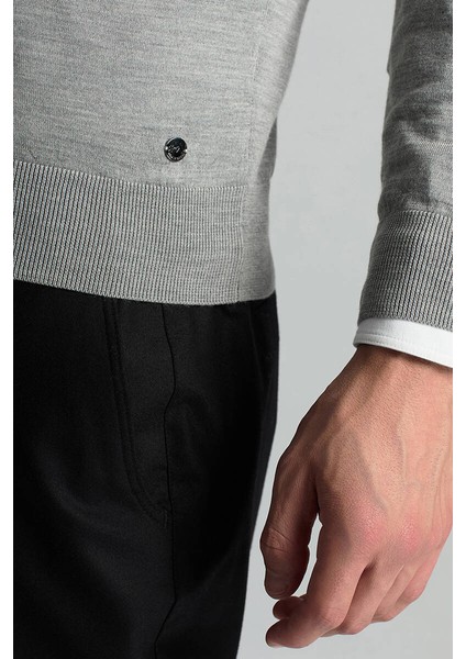 Merino Yün Ipek Karışım Polo Yaka Yarım Fermuarlı Açık Gri Triko fırsatları