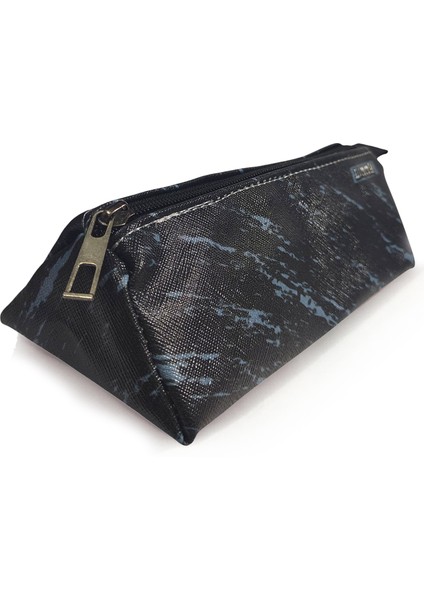 Kalem Kutusu Siyah Mavi Desenli Üçgen Kalemkutu Jumbo Vegan Deri Kalemlik