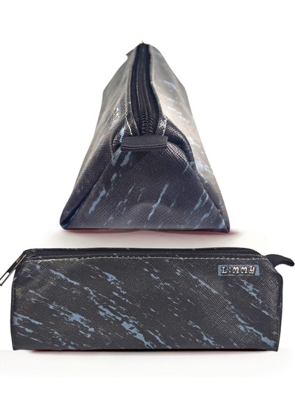 Kalem Kutusu Siyah Mavi Desenli Üçgen Kalemkutu Jumbo Vegan Deri Kalemlik fiyatları