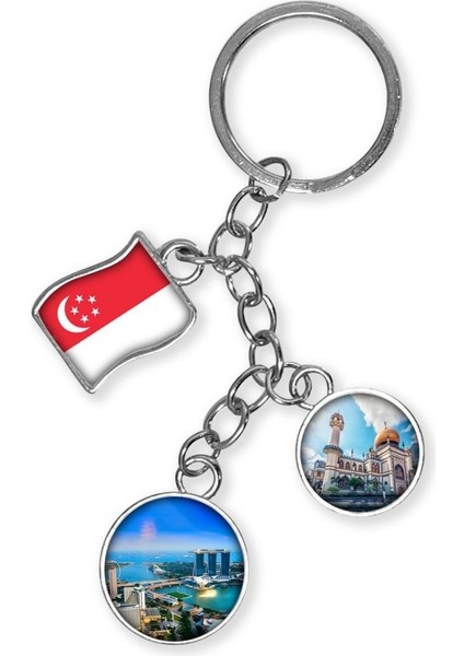 Singapur Üçlü Epoksi Metal Çift Taraflı Damla Anahtarlık Singapore