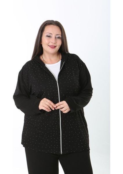 Kadın Likralı Taşlı Kapüşonlu Büyük Beden Hırka