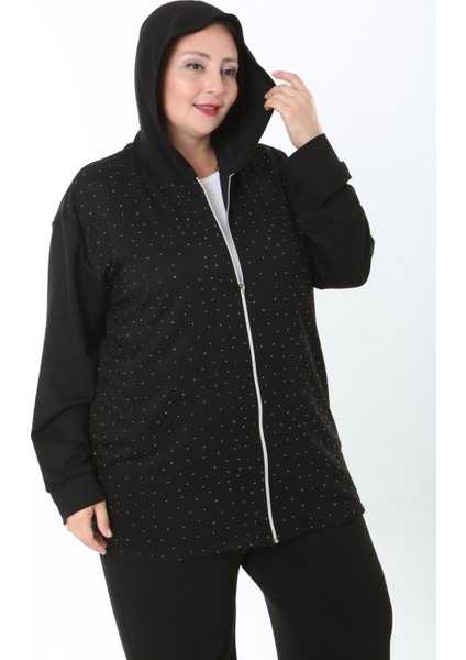 Kadın Likralı Taşlı Kapüşonlu Büyük Beden Hırka fiyatları