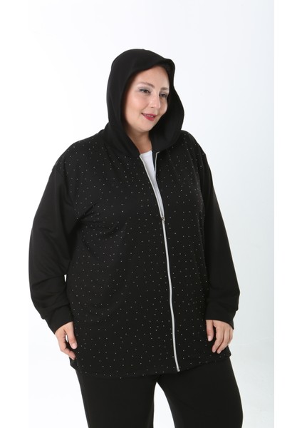 Kadın Likralı Taşlı Kapüşonlu Büyük Beden Hırka modelleri