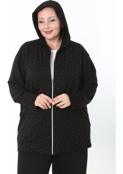 Kadın Likralı Taşlı Kapüşonlu Büyük Beden Hırka indirimleri