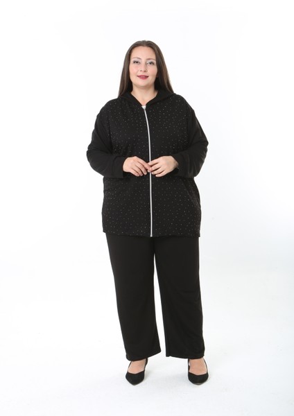 Kadın Likralı Taşlı Kapüşonlu Büyük Beden Hırka