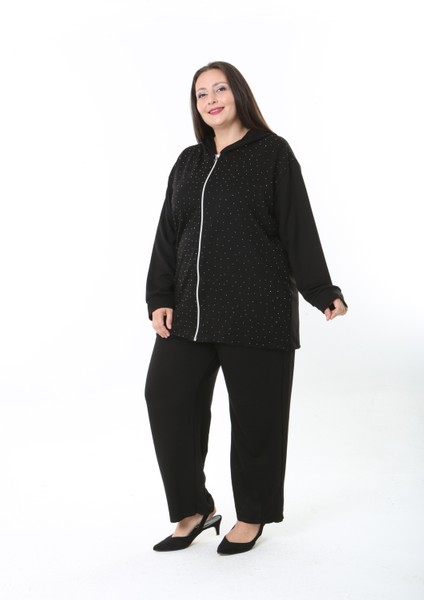 Kadın Likralı Taşlı Kapüşonlu Büyük Beden Hırka