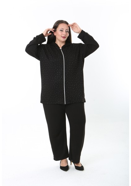 Kadın Likralı Taşlı Kapüşonlu Büyük Beden Hırka