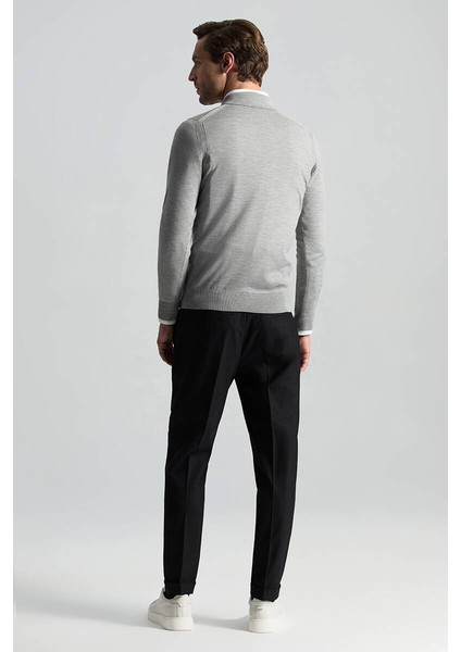 Merino Yün Ipek Karışım Polo Yaka Yarım Fermuarlı Açık Gri Triko indirimleri