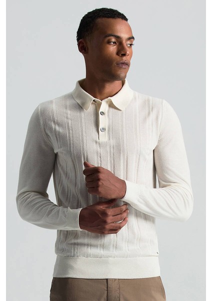 Saf Kaşmir Polo Yaka Şerit Desenli Ekru Triko