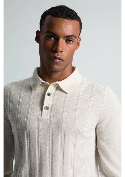 Saf Kaşmir Polo Yaka Şerit Desenli Ekru Triko fiyatları