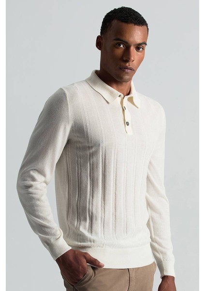 Saf Kaşmir Polo Yaka Şerit Desenli Ekru Triko modelleri