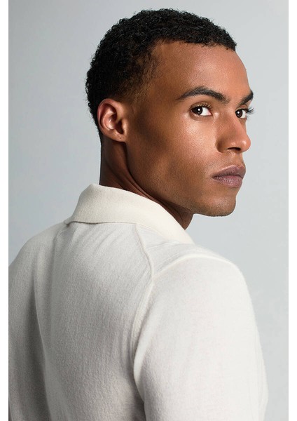 Saf Kaşmir Polo Yaka Şerit Desenli Ekru Triko fırsatları