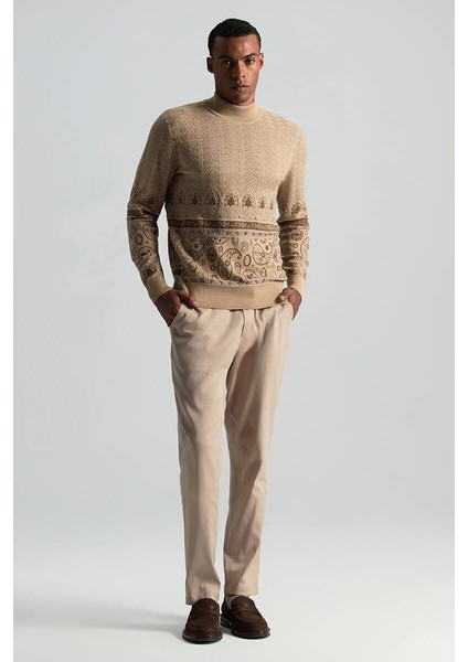 Merino Yün Ipek Karışım Paisley Desen Lupetto Yaka Camel Triko Kazak fiyatları