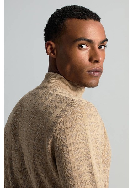 Merino Yün Ipek Karışım Paisley Desen Lupetto Yaka Camel Triko Kazak modelleri