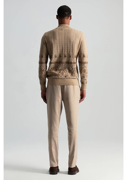 Merino Yün Ipek Karışım Paisley Desen Lupetto Yaka Camel Triko Kazak fırsatları