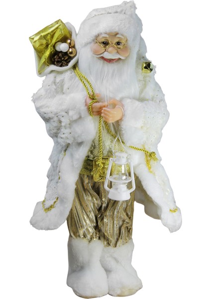 Pullu Ceketli Noel Baba Altın Beyaz 45 cm