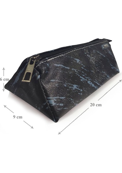 Kalem Kutusu Siyah Mavi Desenli Üçgen Kalemkutu Jumbo Vegan Deri Kalemlik fırsatları