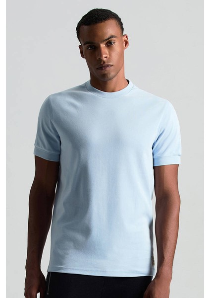 Saf Pamuk Bisiklet Yaka Mavi Basic T-Shirt