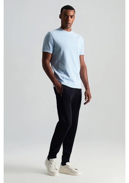 Saf Pamuk Bisiklet Yaka Mavi Basic T-Shirt fiyatları